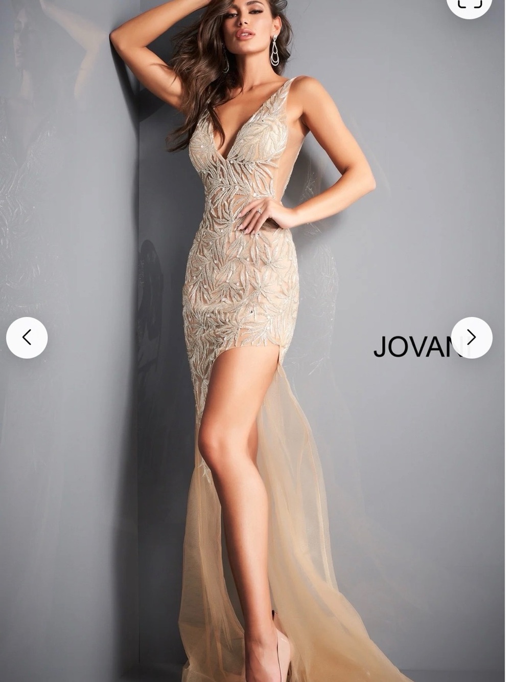 Jovani Champagne Embellished V-Neck Evening Dress